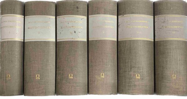 Hauptschriften in sechs Bänden, Band I-VI (6-volume set). Band I: Schriften des jüngeren Zinzendorf, Band II: Reden in und von Amerika, Band III: Reden während der Sichtungszeit in der Wetterau und in Holland, Band IV: Gemeinreden, Band V: Londoner Predigten, Band VI: Verschiedene Schriften